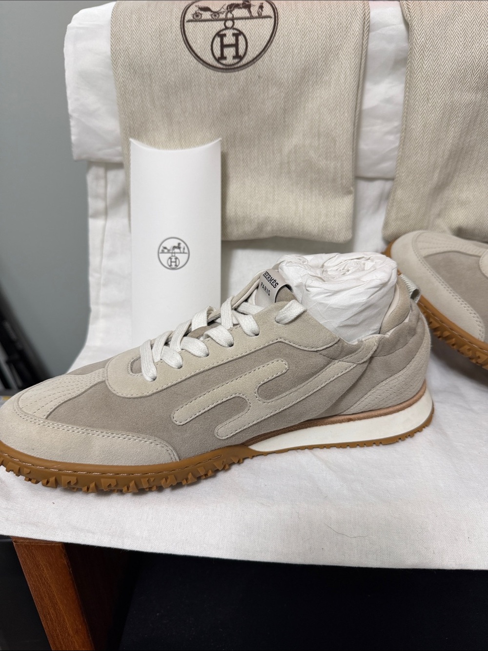 Hermes Beige and Gum Sole Suede Lace-Up Sneakers - Picture 4 of 10